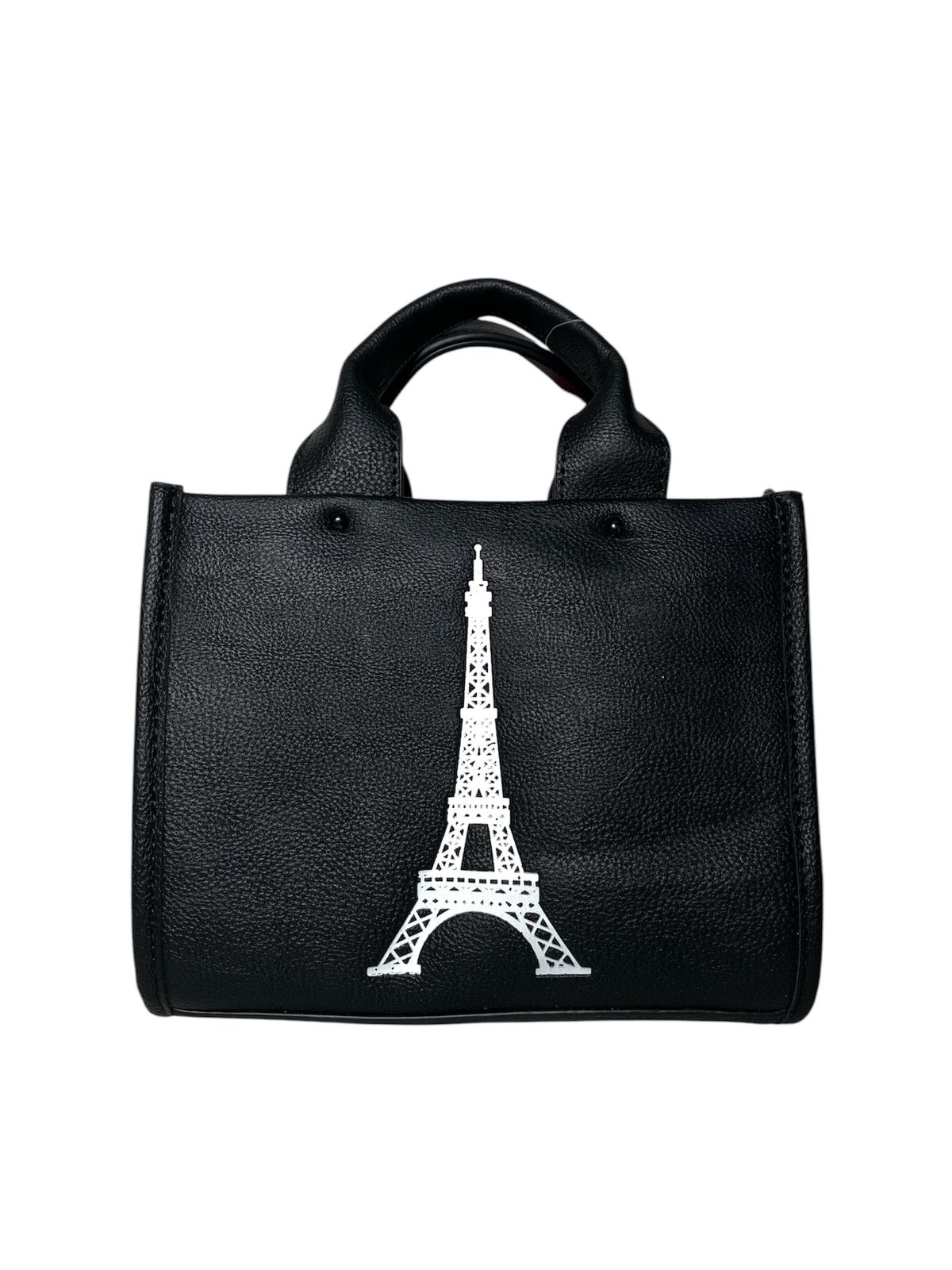 Bolso negro con estampado de la Torre Eiffel en vista frontal.