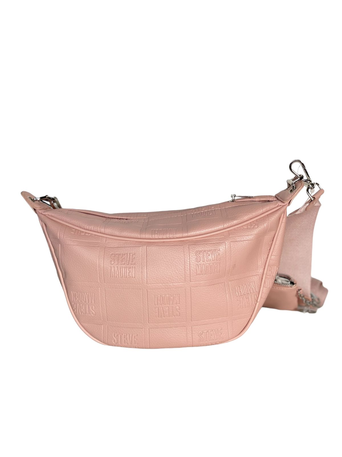 "Bolsa bandolera Steve Madden rosa, vista trasera con bolsillo externo."