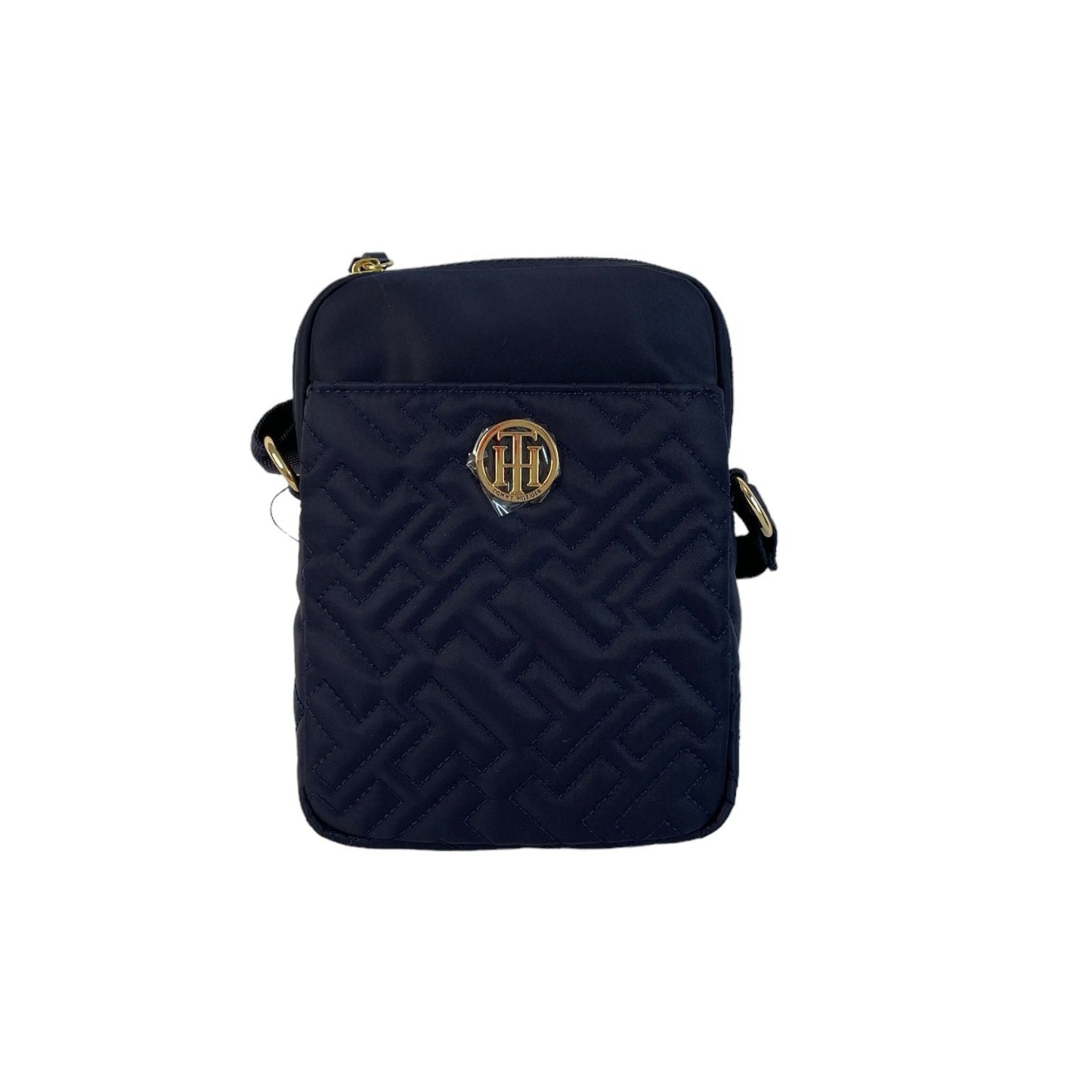 "Bolsa Tommy Hilfiger azul marino, vista frontal con logo en relieve."