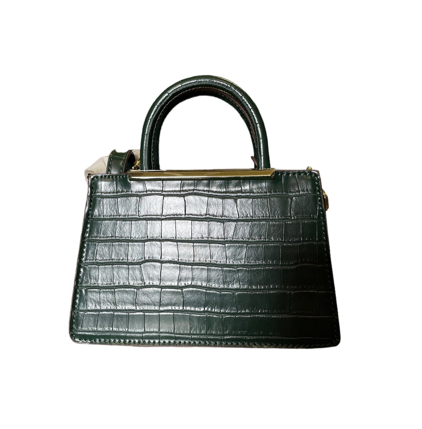"Bolsa de mano verde con correa DKNY, vista frontal con cierre magnético".