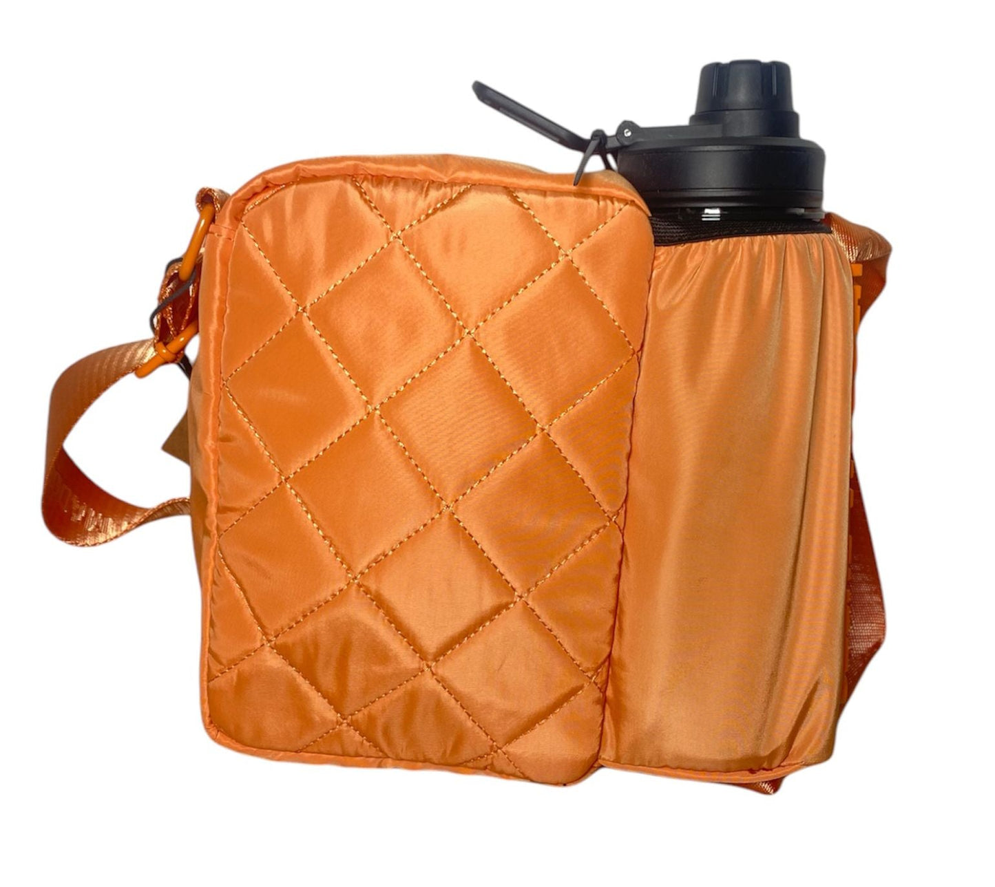 Bolsa Steve Madden naranja con termo, vista trasera con bolsillo externo.