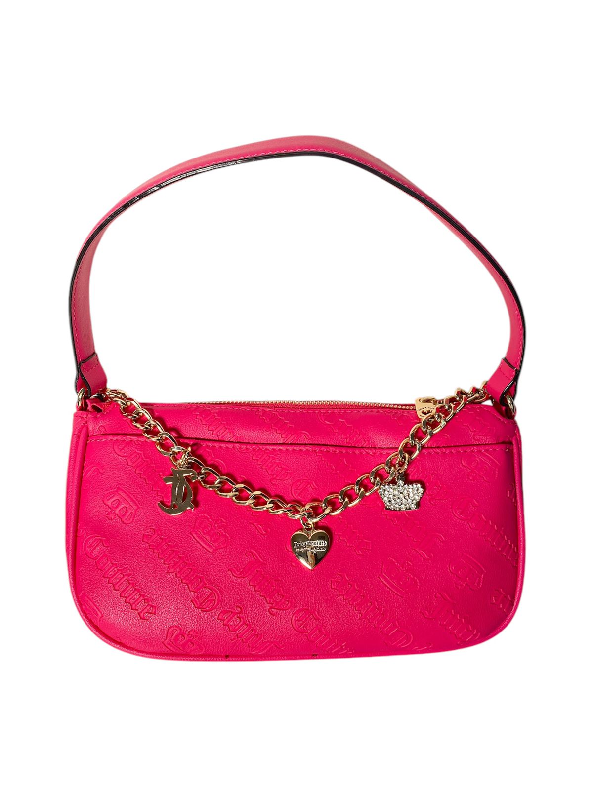Bolso Juicy Couture rosa fucsia con detalles dorados y cadena elegante.